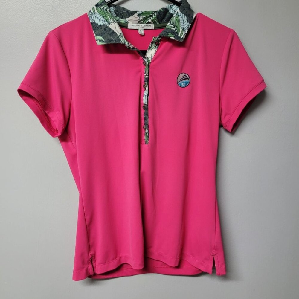 Fairway & Greene Gold Tee Pink Womens M Leaves‎ Collar 1901 Sault Country Club